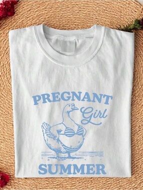Pregnant Girl Summer Graphic Tee - Light Blue on White